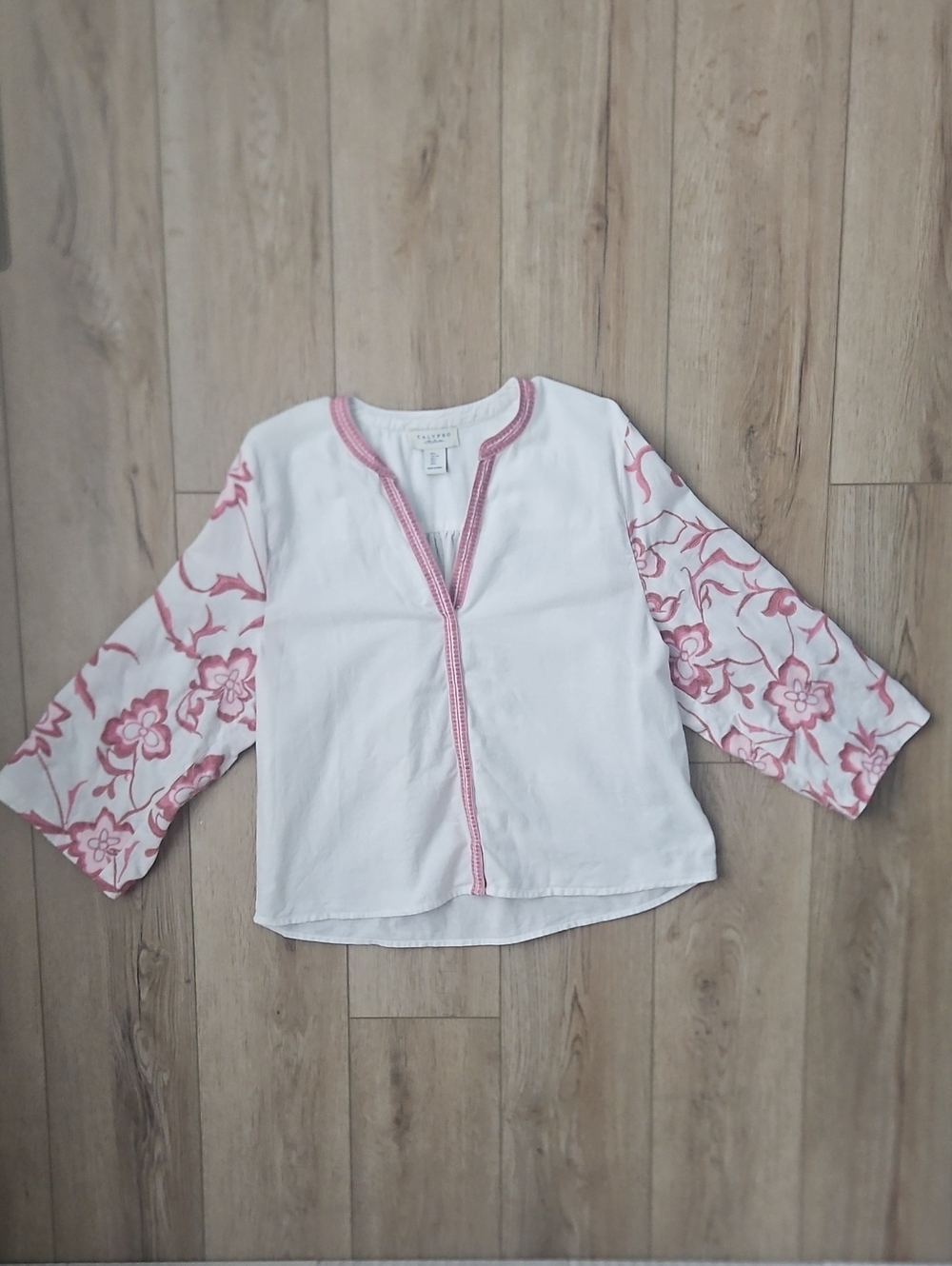 Calypso St. Barth White Top with Embroidered Pink Floral Sleeves